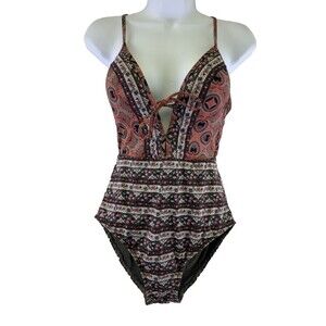 Jets Australia Plunge V-Neck One Piece Swimsuit Pink Purple Floral Tie Womens 8